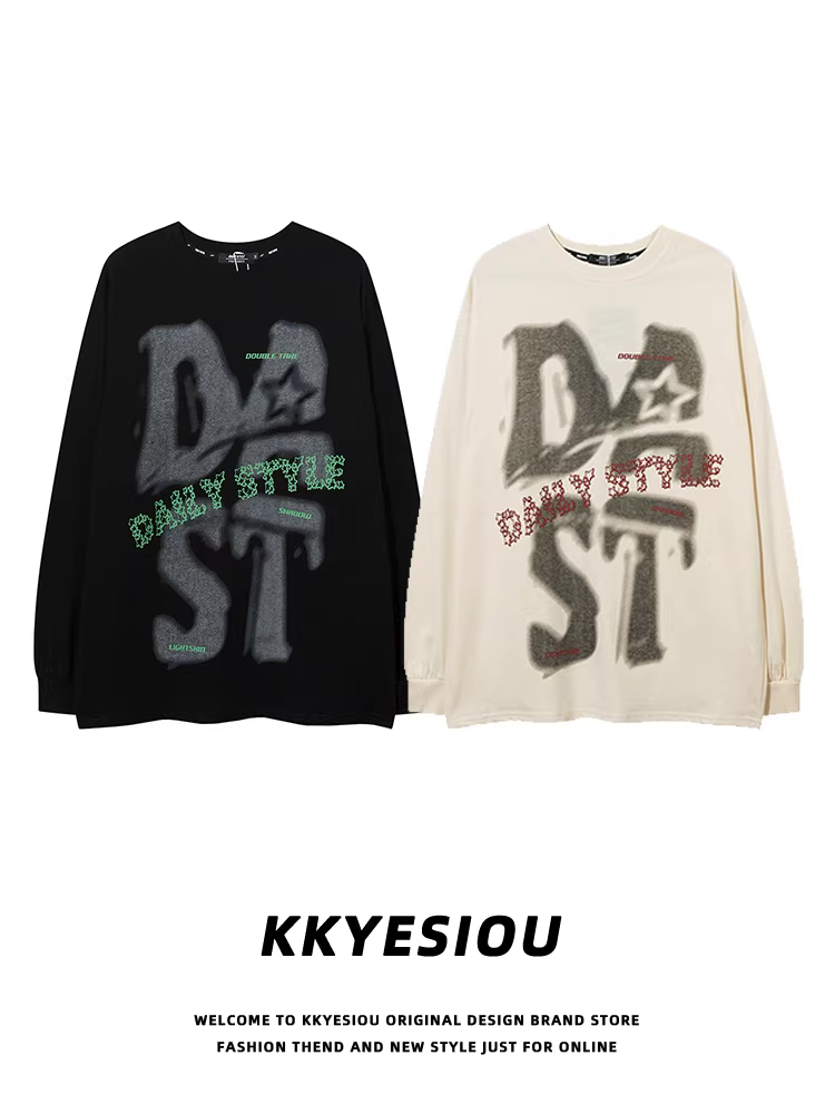 Áo thun cặp đôi thiết kế graffiti chữ cái retro Mỹ KKyesiou, chất liệu mỏng, dáng rộng, tay dài, dành cho nam và nữ