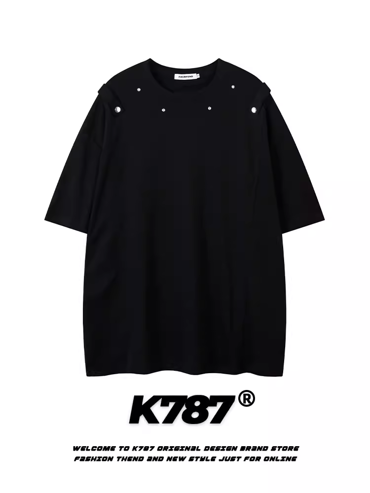 K787 Áo thun ngắn tay phong cách retro Mỹ màu trơn giản dị đường phố unisex oversize hip-hop đính đá cặp đôi