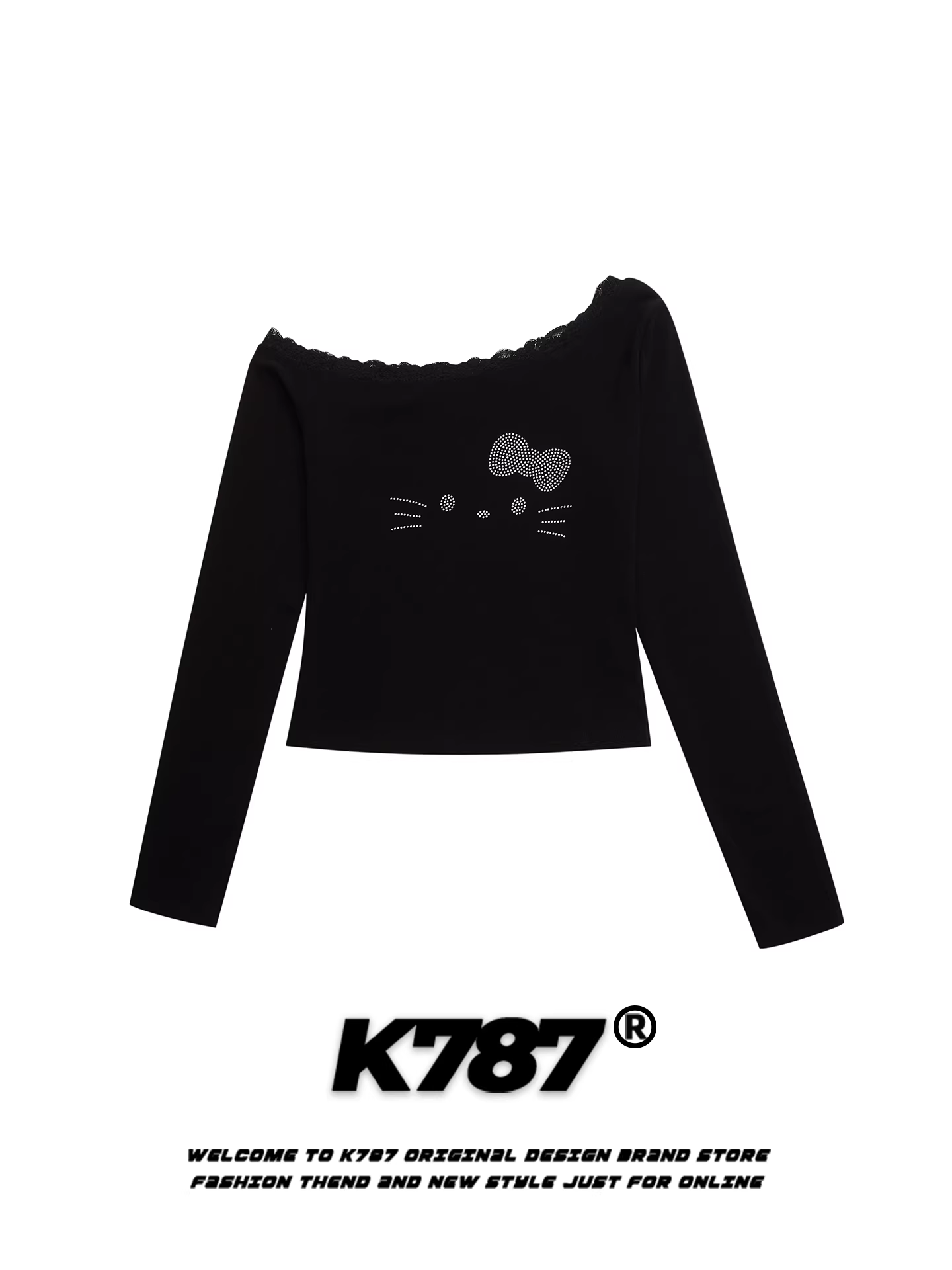 Áo thun nữ tay dài trễ vai in hình mèo đính đá phong cách retro Mỹ K787, ôm dáng, phong cách thuần khiết gợi cảm, áo ngắn hở vai cá tính.