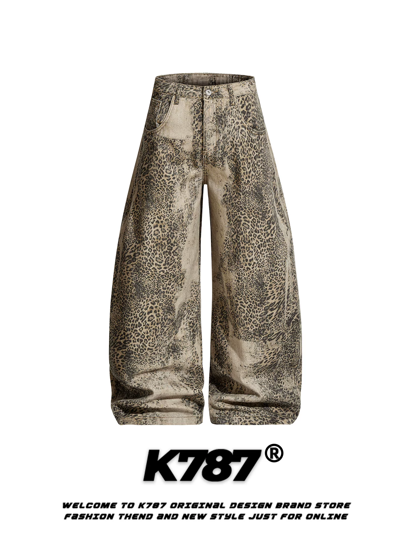 Quần dài dáng rộng unisex K787 kiểu Mỹ cổ điển, họa tiết da báo phối màu, cạp cao, dài chấm đất, thời trang, cá tính, chất liệu mềm mại.