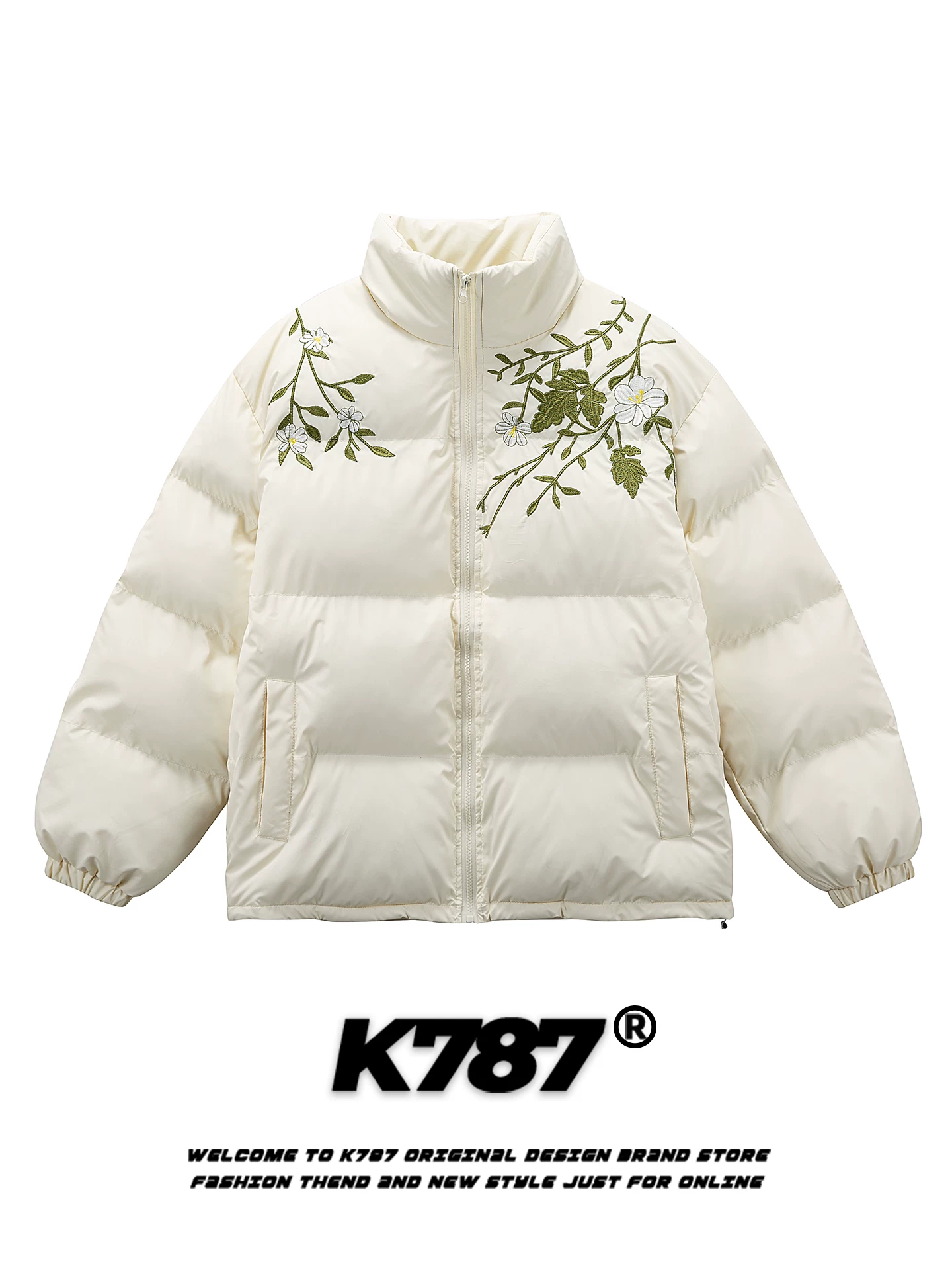 Áo khoác cotton cổ đứng thêu hoa kiểu Mỹ cổ điển K787 dành cho nam và nữ, dày dặn và ấm áp cho mùa đông, áo khoác cotton có khóa kéo dành cho cặp đôi.