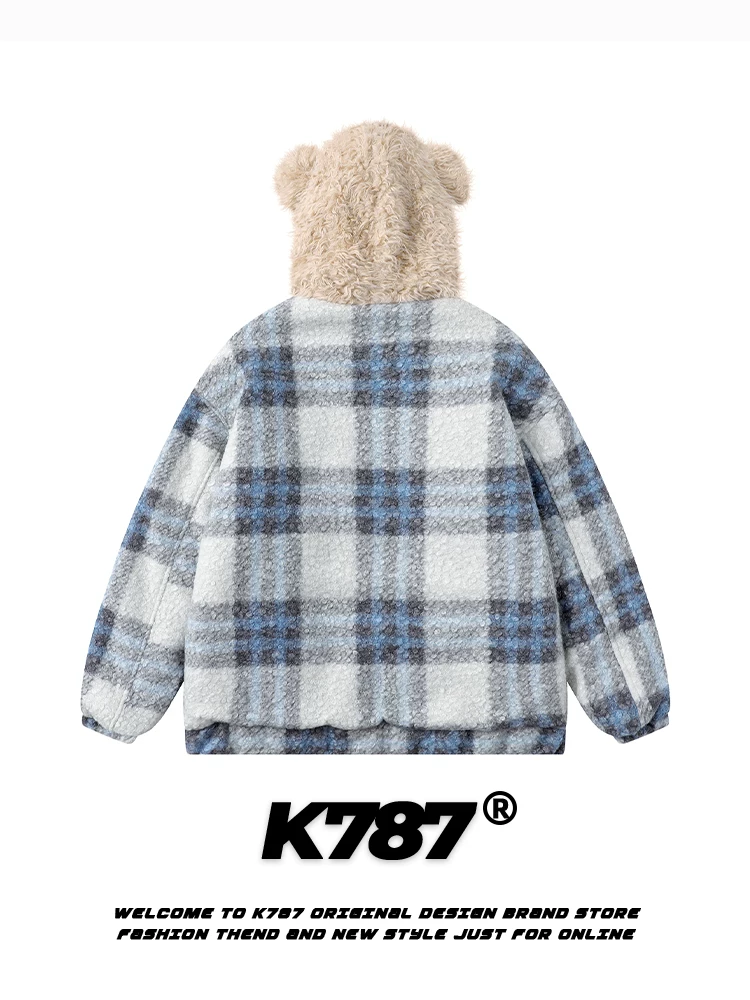 Áo khoác cotton có mũ trùm đầu hình gấu vui nhộn bằng len giả K787 dành cho nam và nữ, thêu nặng, áo khoác cotton phong cách đại học.