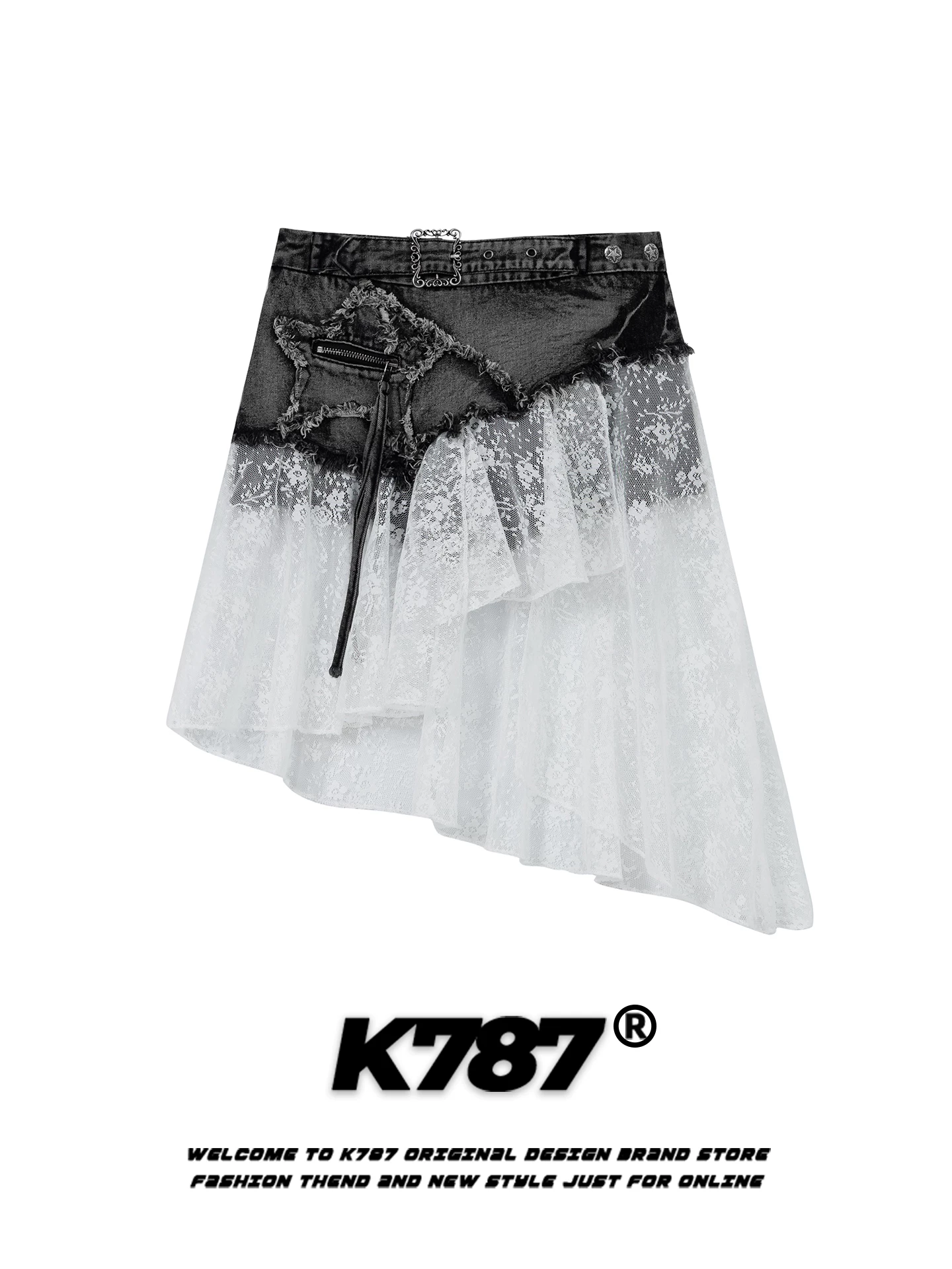 Váy denim phối ren kiểu Mỹ cổ điển K787 dành cho nữ, phong cách hot girl, thiết kế bất đối xứng, dáng chữ A ngắn tôn dáng