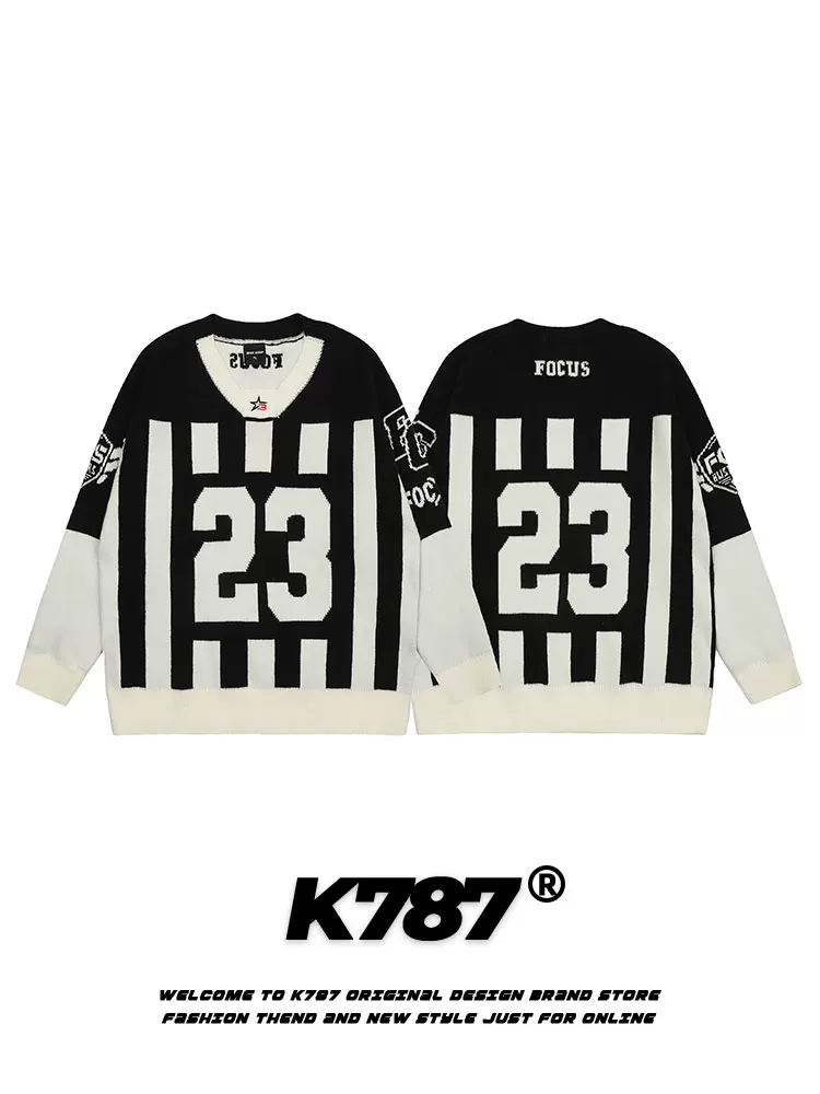 Áo len dệt kim thể thao sọc cổ điển Mỹ K787, kiểu unisex, phong cách đại học, đa năng, áo len cổ V, áo đôi