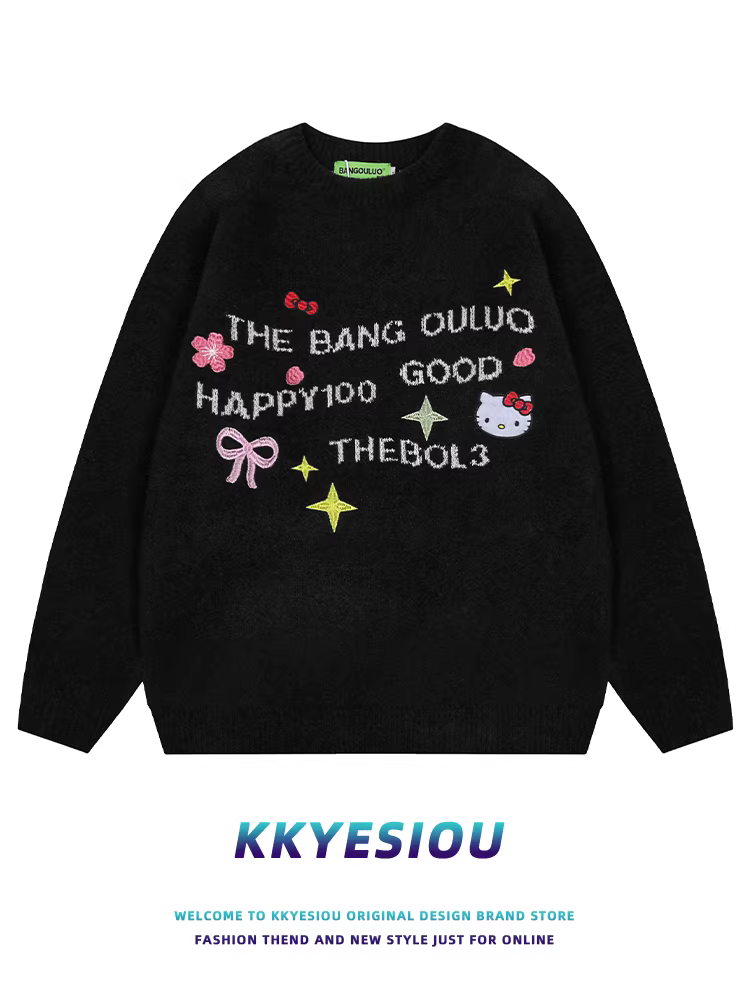 Áo len dệt kim màu hồng phong cách retro Mỹ, unisex, kiểu Nhật Bản, in hình Hello Kitty, phong cách dopamine.