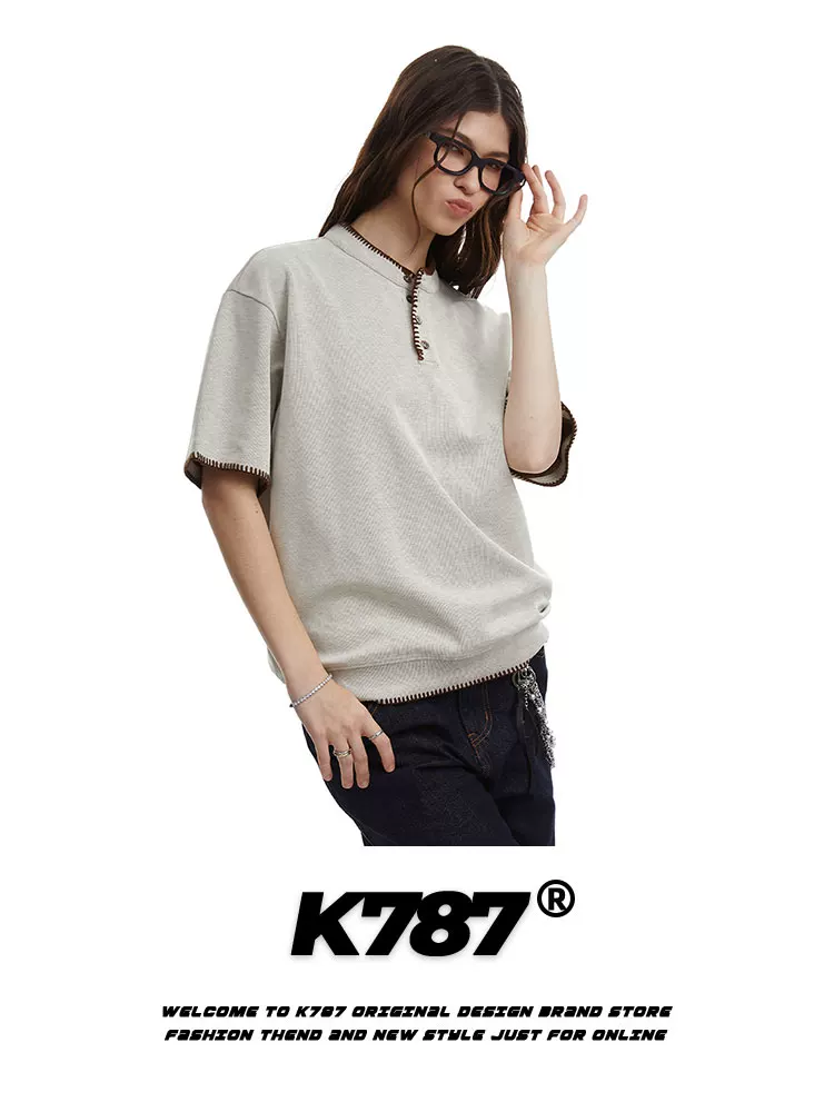 K787 Áo thun ngắn tay cổ đứng phong cách retro Mỹ cleanfit dành cho nam và nữ áo ngắn giản dị cleanfit