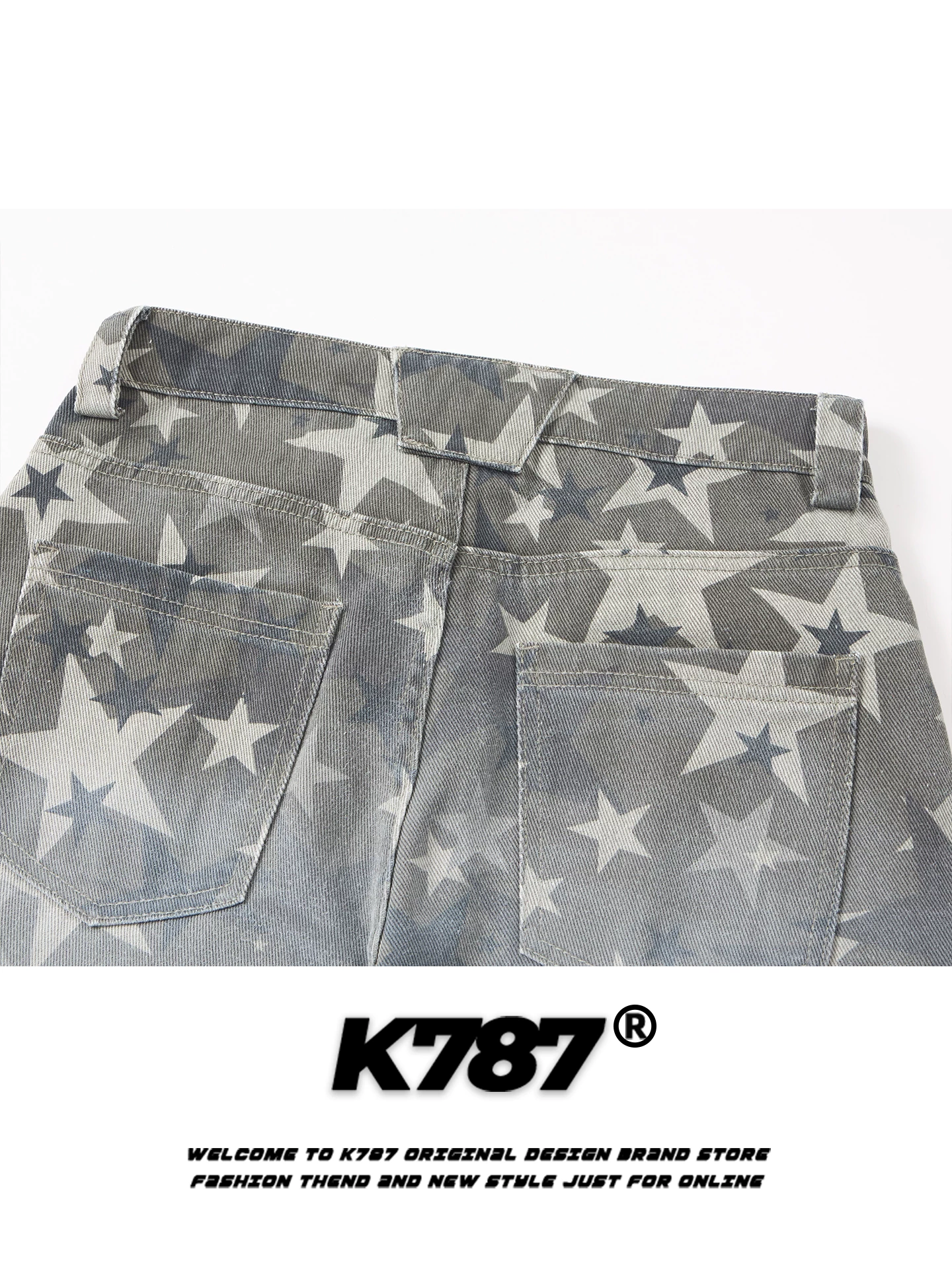 Quần jeans unisex dáng rộng họa tiết sao trăng kiểu Mỹ cổ điển K787, in họa tiết toàn thân, phong cách ngụy trang, xu hướng quốc dân, thiết kế phá cách, cạp cao, ống rộng