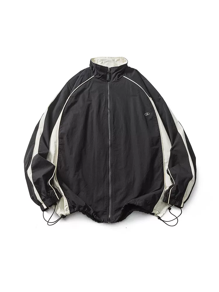 Áo khoác kiểu cổ điển Mỹ KKyesiou phối đen trắng, unisex, phong cách thể thao giản dị, kiểu Nhật, cổ cao, dáng rộng.