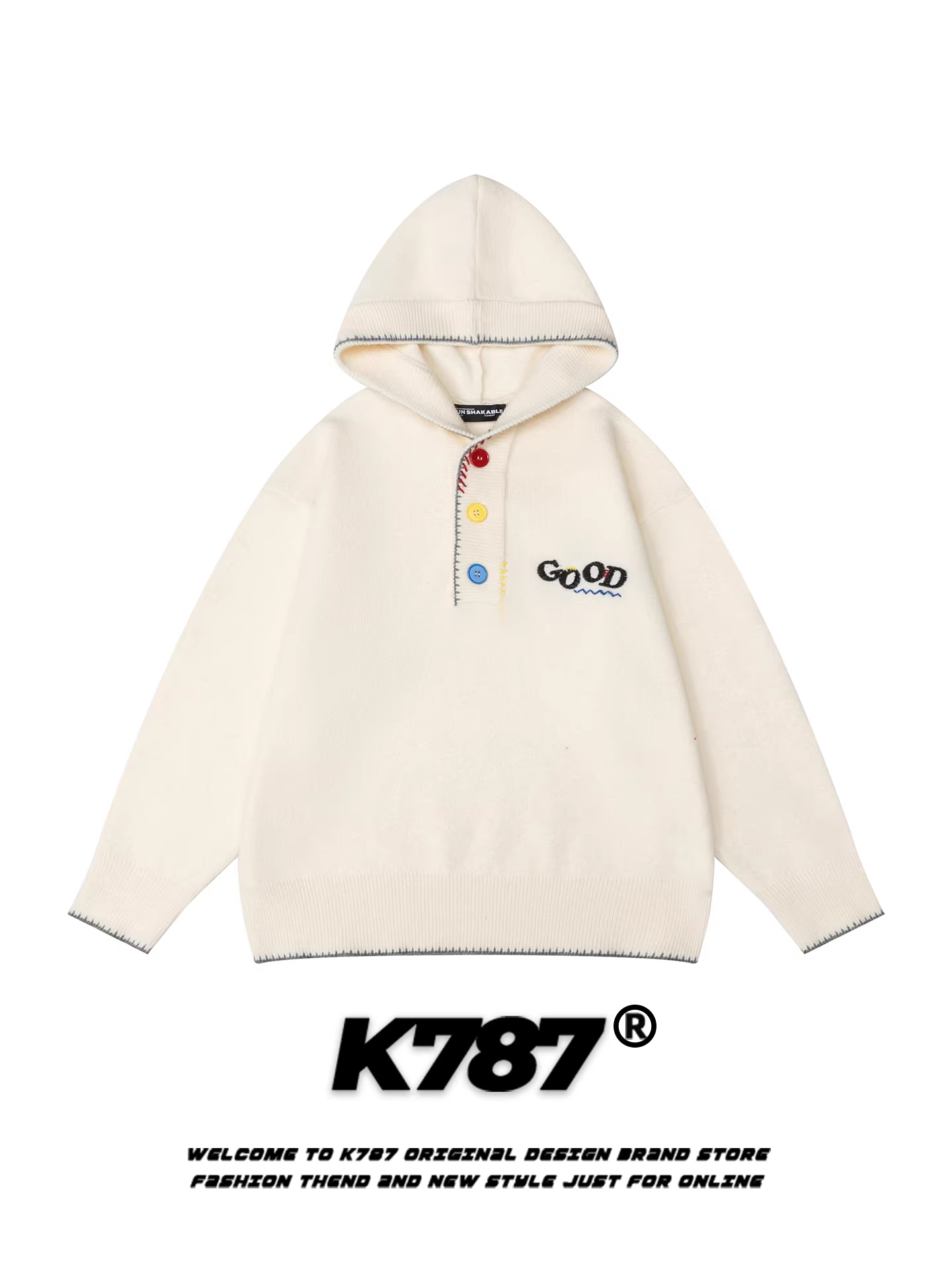 Áo khoác nỉ có mũ, kiểu đường phố Mỹ K787, thêu nhiều màu sắc, cài nút, unisex, phong cách đại học, chất liệu dệt kim, dáng rộng, dành cho cặp đôi