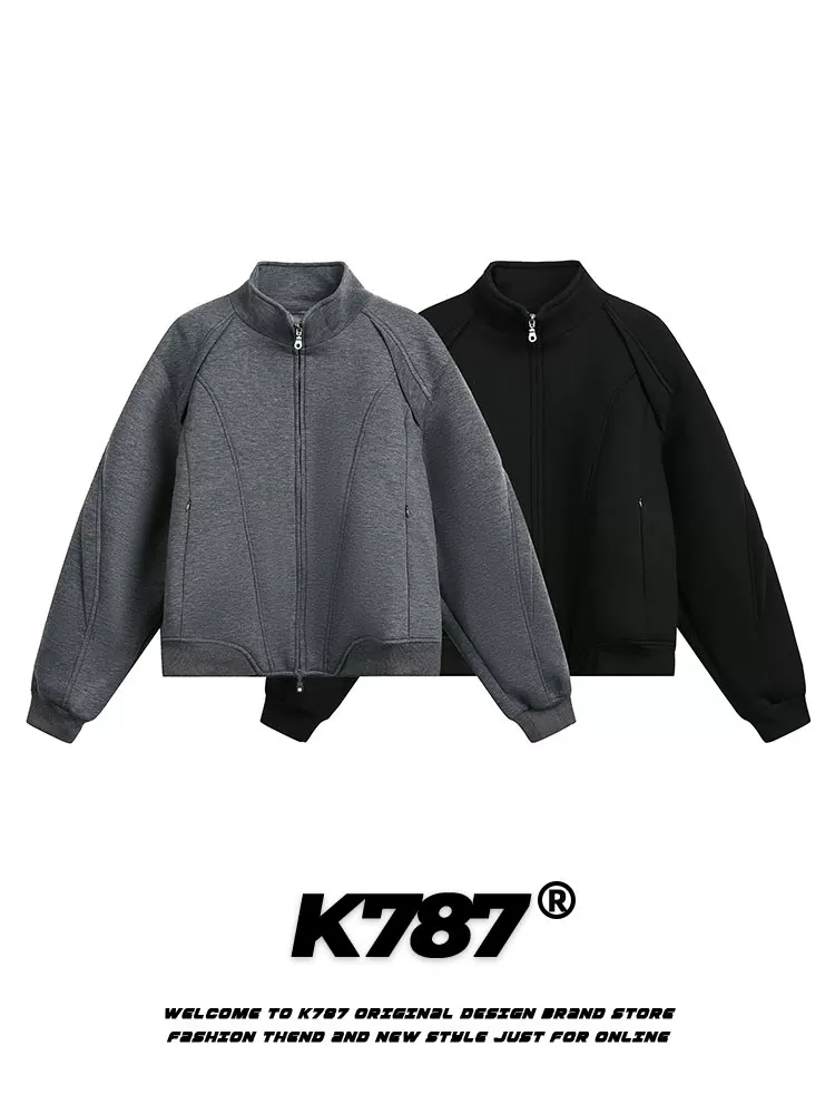 Áo khoác cổ đứng kiểu Mỹ cổ điển K787, phối vải ghép, unisex, dáng ôm gọn, màu trơn, rộng rãi, đa năng, áo khoác ngắn