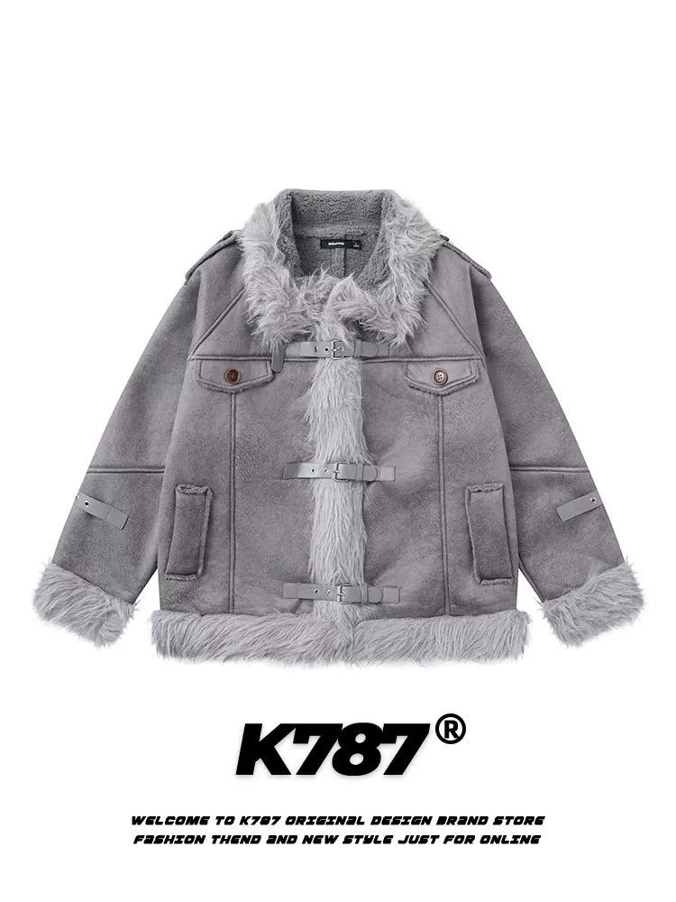 Áo khoác da lộn dày có cổ lông kiểu Chanel K787 dành cho nam và nữ, áo khoác cotton đệm theo xu hướng quốc gia cổ điển của Mỹ.