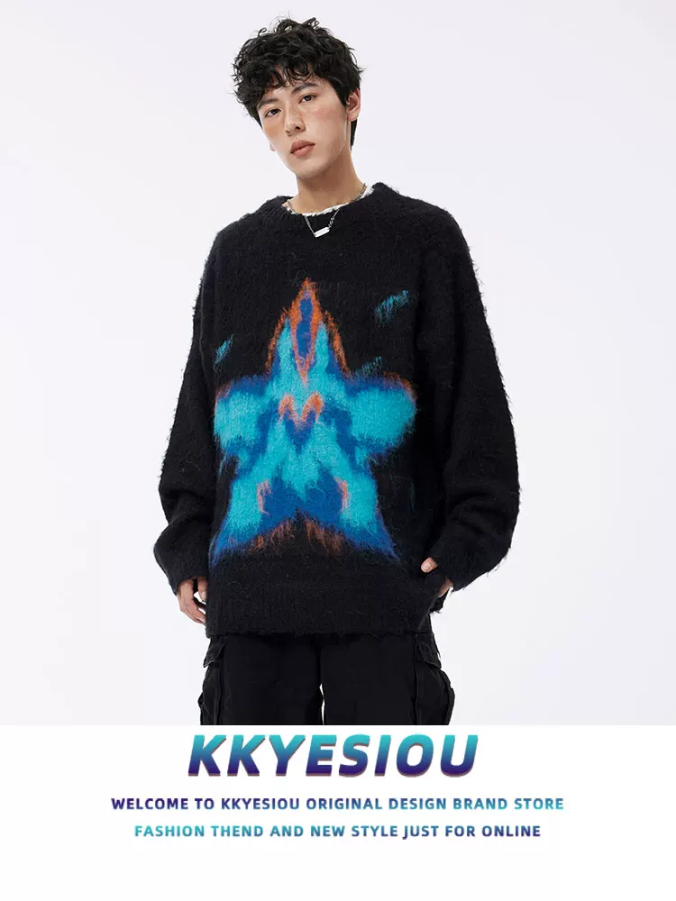 Áo len cặp đôi phong cách retro Mỹ, chất liệu jacquard, thương hiệu thời thượng, kiểu dáng unisex, phong cách lười biếng, kiểu dáng học sinh, chất liệu len dệt kim rộng rãi
