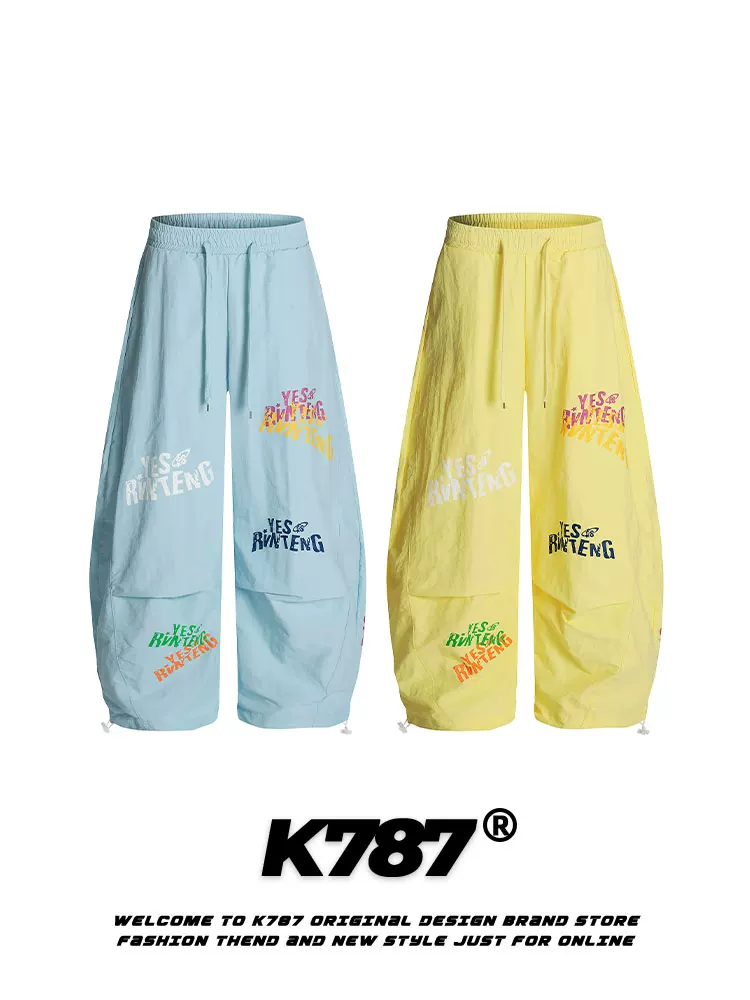 Quần dù ống rộng phong cách graffiti retro Mỹ K787 dành cho nam và nữ, cạp cao, phong cách hip-hop, nhảy đường phố, dáng rộng, thoải mái, kiểu quần scimitar