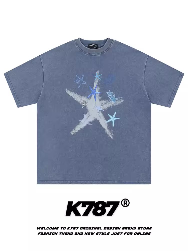 Áo thun ngắn tay thêu hình ngôi sao cổ điển kiểu Mỹ K787 dành cho nam và nữ, áo thun cặp đôi thông thường đa năng cỡ lớn