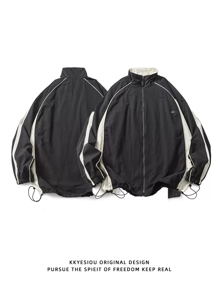 Áo khoác kiểu cổ điển Mỹ KKyesiou phối đen trắng, unisex, phong cách thể thao giản dị, kiểu Nhật, cổ cao, dáng rộng.