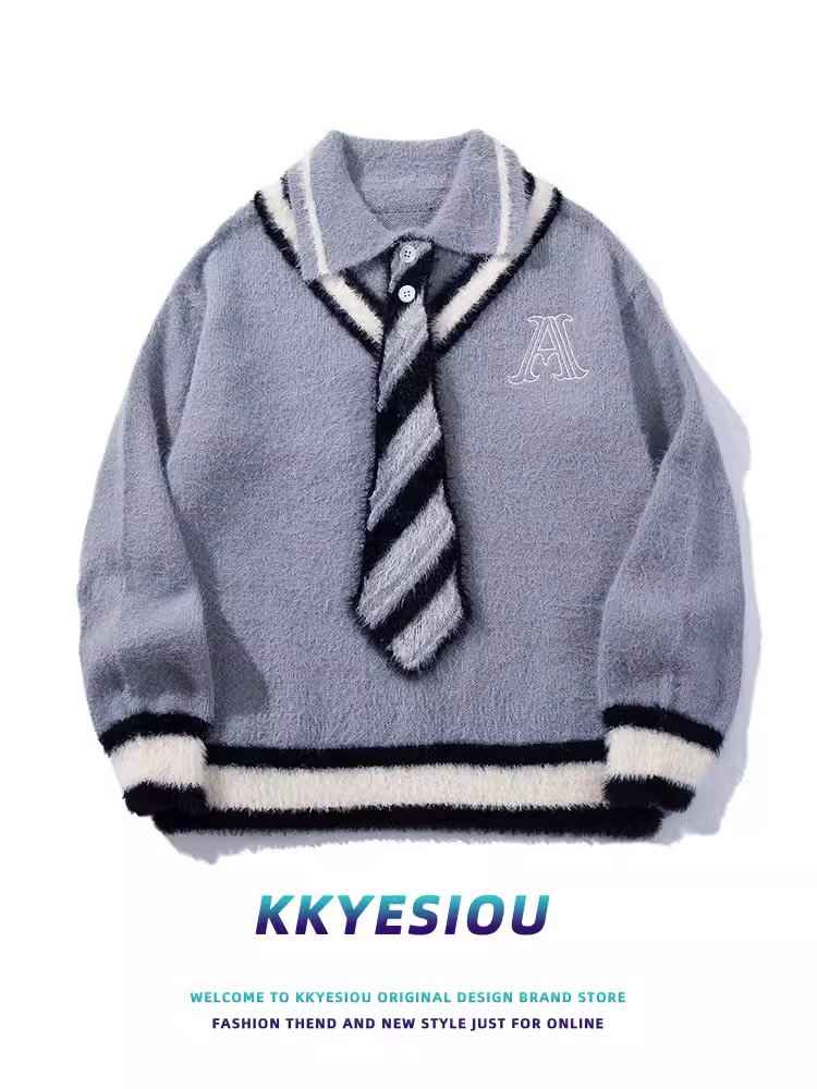 Áo len cặp đôi phong cách preppy Nhật Bản KKyesiou, kiểu dáng năng động, phối họa tiết, unisex, có phối dây buộc.