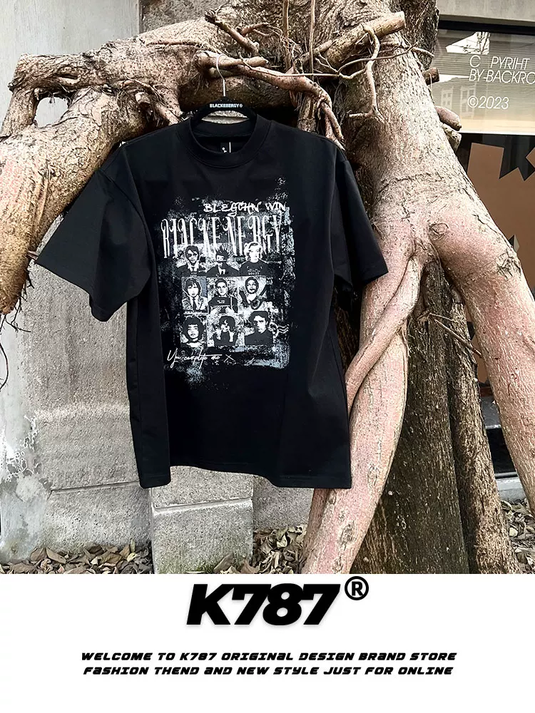 K787 Áo thun ngắn tay cotton dày dặn phong cách hip-hop cổ điển của Mỹ dành cho nam và nữ, áo thun ngắn tay cỡ lớn dành cho cặp đôi.
