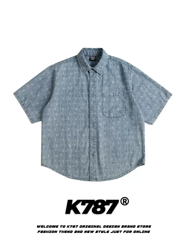 K787 Áo sơ mi ngắn tay jacquard sọc theo xu hướng cổ điển của Mỹ dành cho nam và nữ, áo cardigan nửa tay denim cổ điển đã giặt rộng rãi