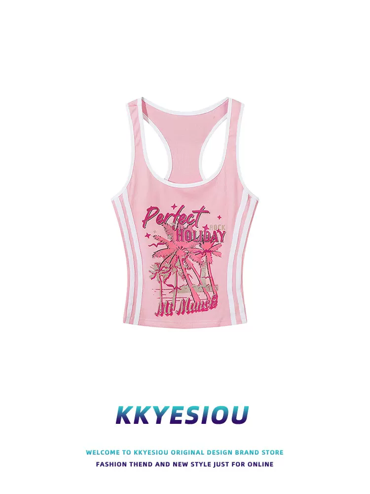 Áo ba lỗ ngắn kiểu racerback màu hồng Hawaii của KKyesiou, áo thun nữ cao cấp, không tay, sọc, kiểu dáng ôm sát.