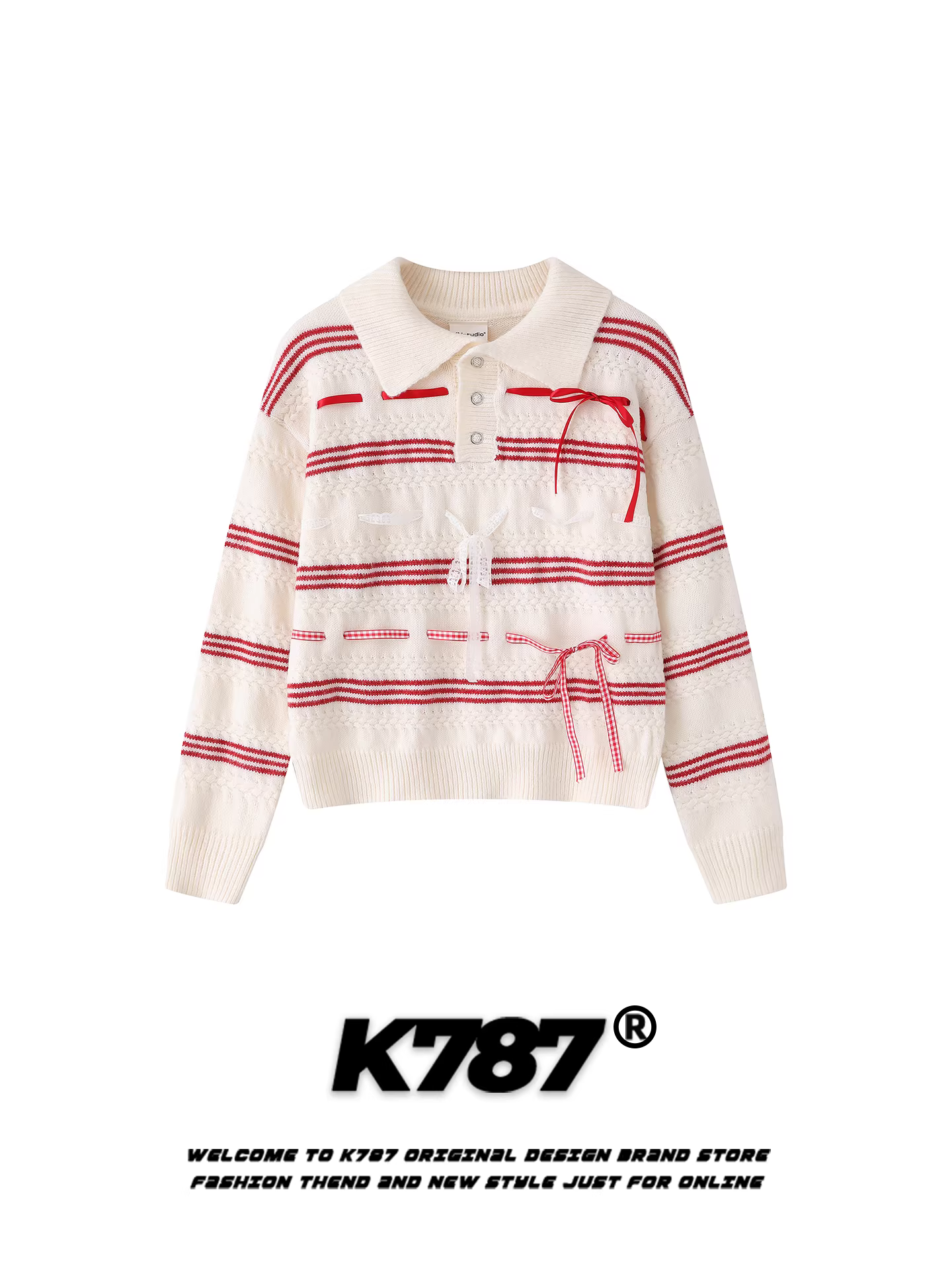 Áo len cổ polo phối nơ kiểu Mỹ cổ điển K787 dành cho nữ, áo len ngắn dệt kim sọc rộng rãi, phong cách thường ngày cho mùa thu.