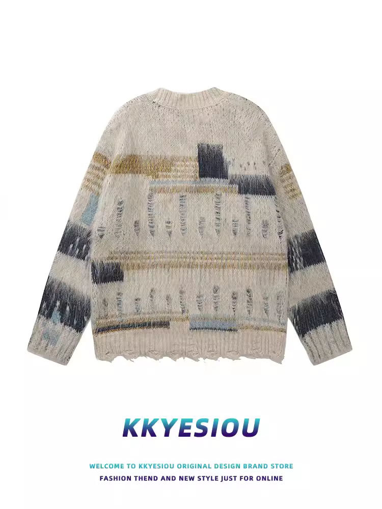 Áo len dệt kim màu phối phong cách retro Mỹ của KKyesiou dành cho nam và nữ, áo len cặp đôi đa năng phong cách dân tộc