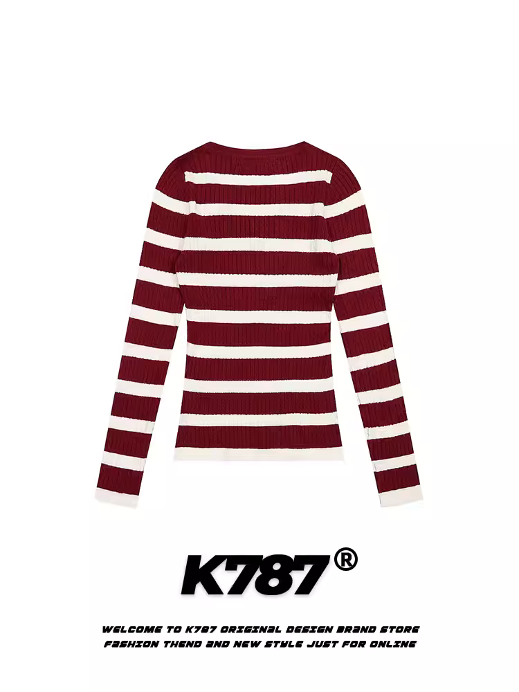 Áo len nữ K787 màu đỏ sọc kẻ, cổ V, tay dài, phong cách năng động, kiểu dáng ôm eo, áo ngắn