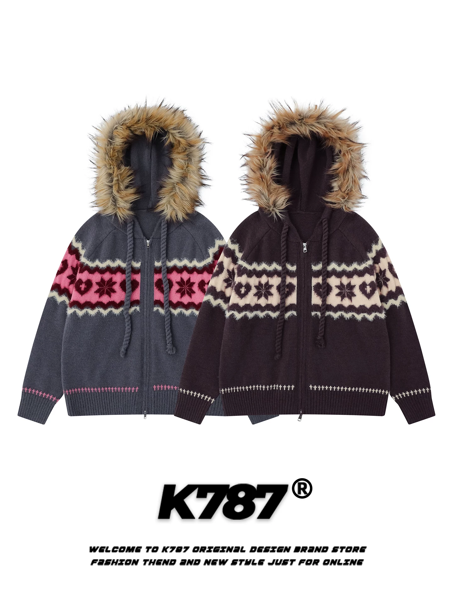 Áo len cardigan có mũ trùm đầu kiểu Mỹ cổ điển K787, họa tiết Fair Isle dệt jacquard, dành cho nam và nữ, phong cách lười biếng, dáng rộng, chất liệu dệt kim thoải mái.