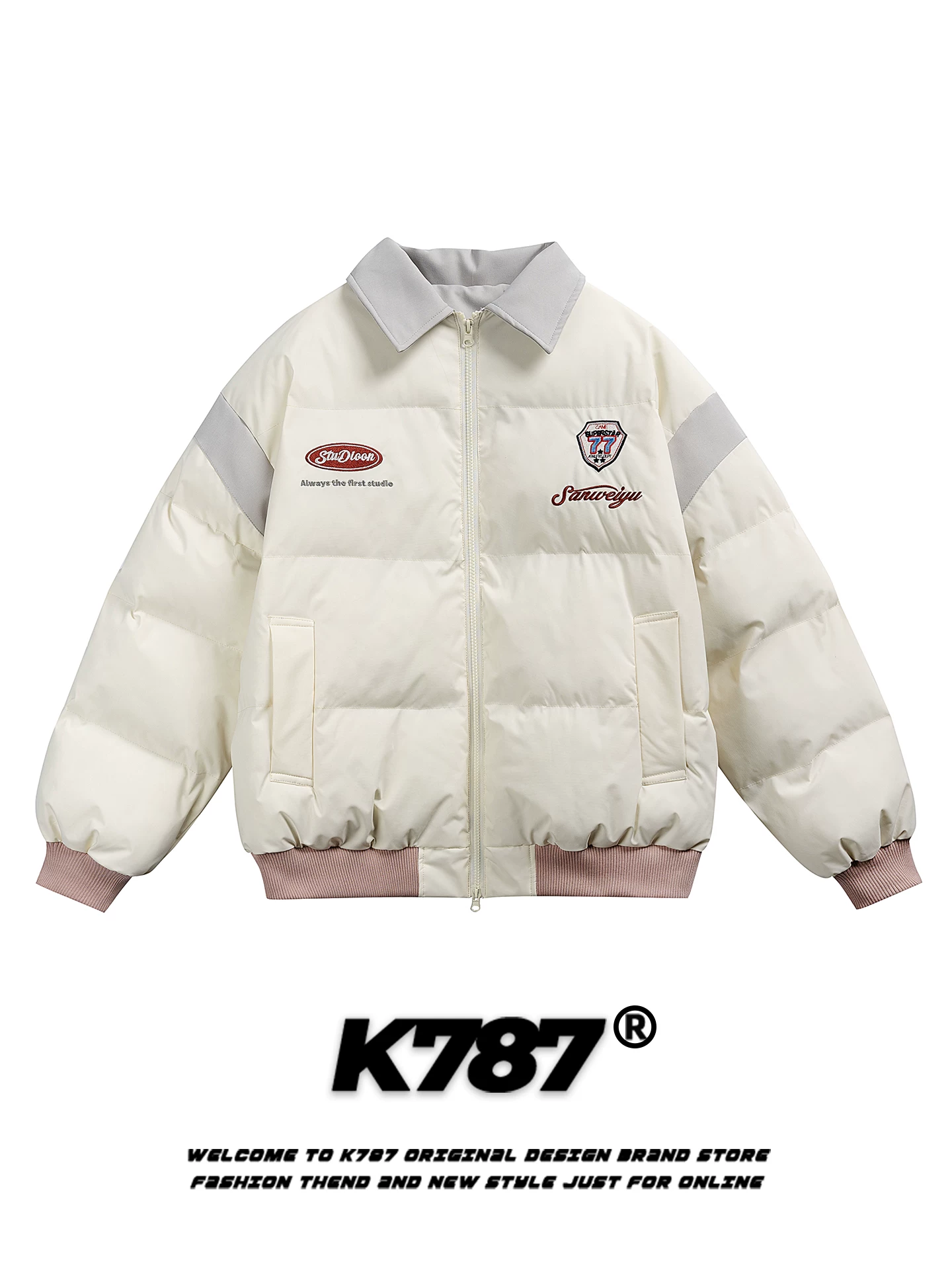 Áo khoác cotton phối màu thêu cổ điển kiểu Mỹ K787 dành cho nam và nữ, dày dặn và ấm áp, áo khoác cotton mùa đông thương hiệu thời thượng.