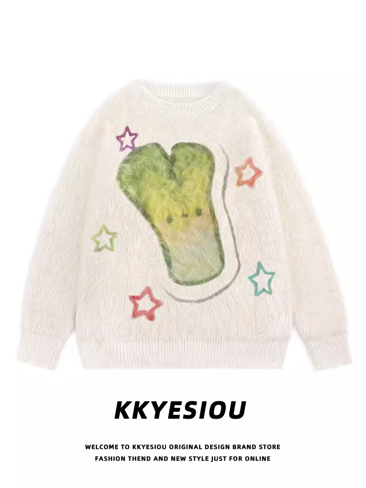 KKyesiou Dopamine Outfit Phim hoạt hình Cặp đôi hành tây Đồ dệt kim Unisex Áo len cổ điển kiểu Mỹ Áo khoác len chồn