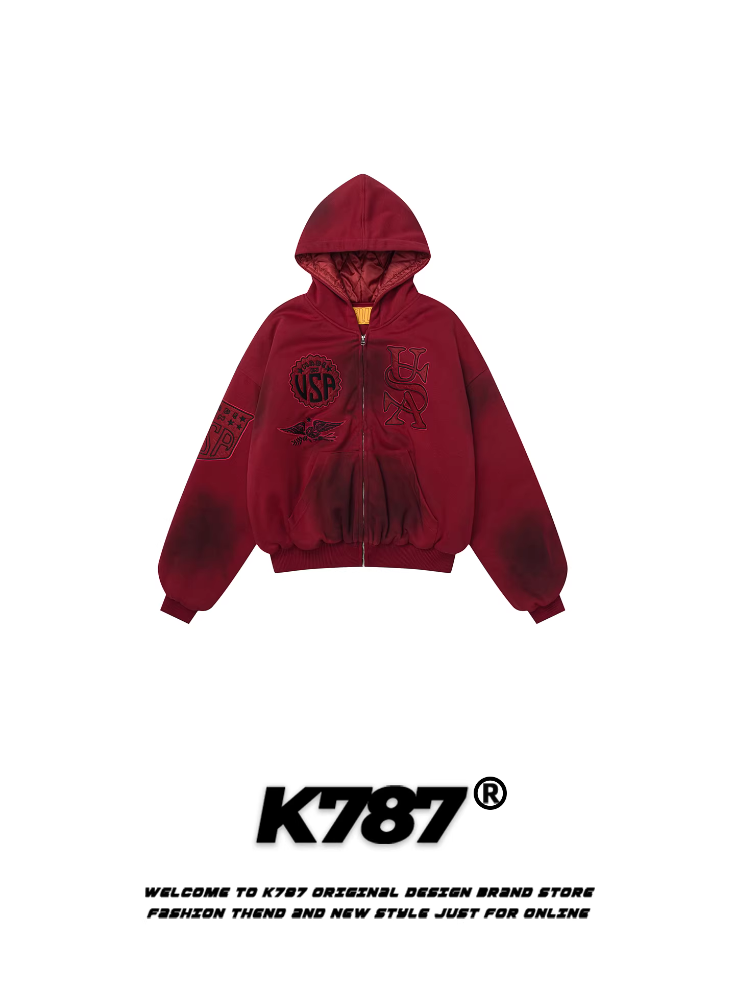 Áo khoác cotton có mũ trùm đầu thêu chữ cổ điển Mỹ K787 dành cho nam và nữ, áo khoác cotton có khóa kéo màu đỏ tía ấm áp cổ điển hợp thời trang