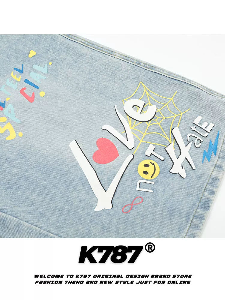 Quần short denim kiểu Mỹ K787 với họa tiết graffiti vui nhộn, phong cách đường phố unisex, quần ống rộng đa năng, kiểu dáng ôm dáng, quần lửng