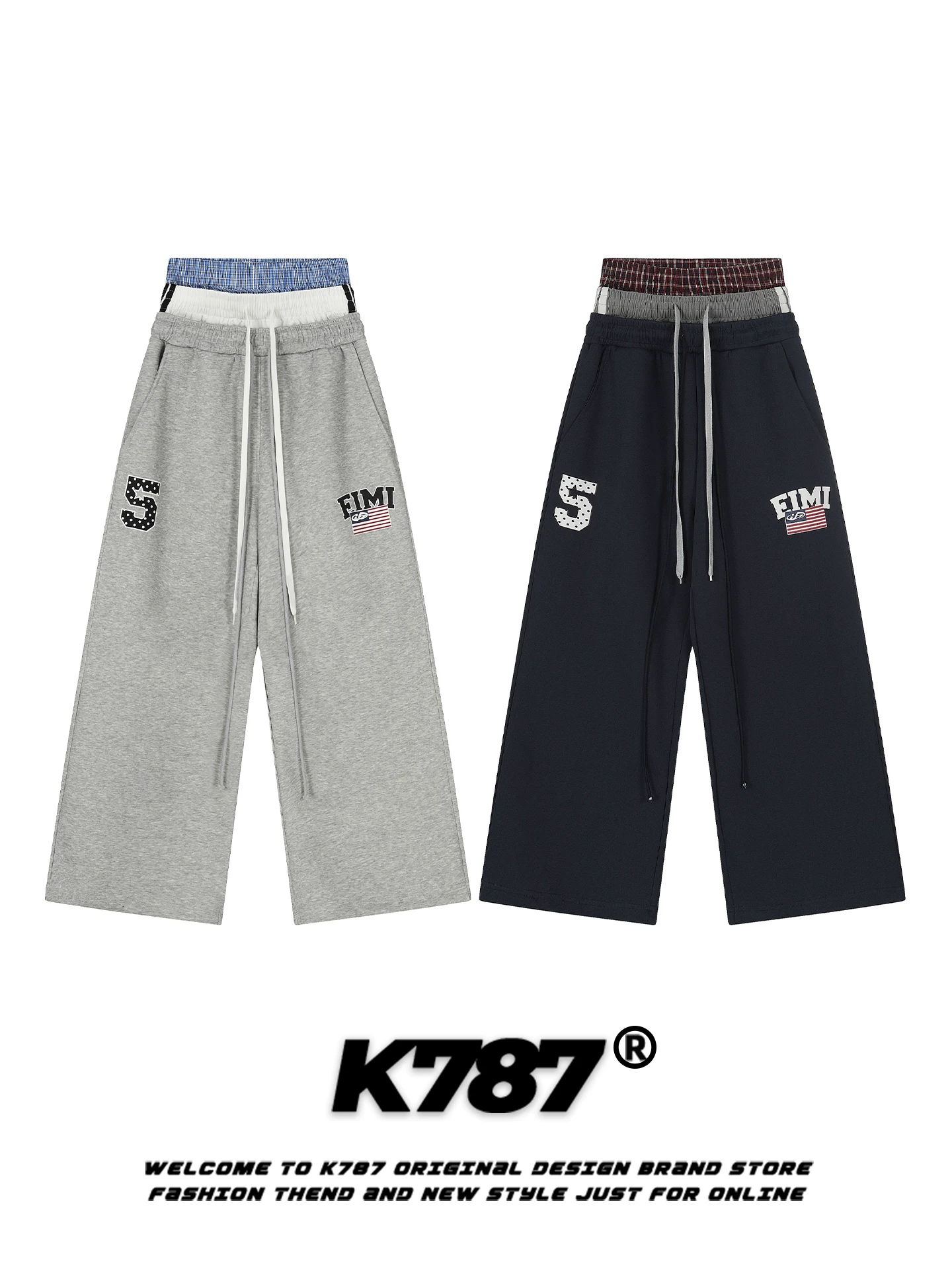 K787 Quần dài giả ba mảnh phong cách đường phố Mỹ dành cho nam và nữ, quần dài dáng rộng, xu hướng quốc gia, thể thao, khiêu vũ đường phố, quần dài ống thẳng