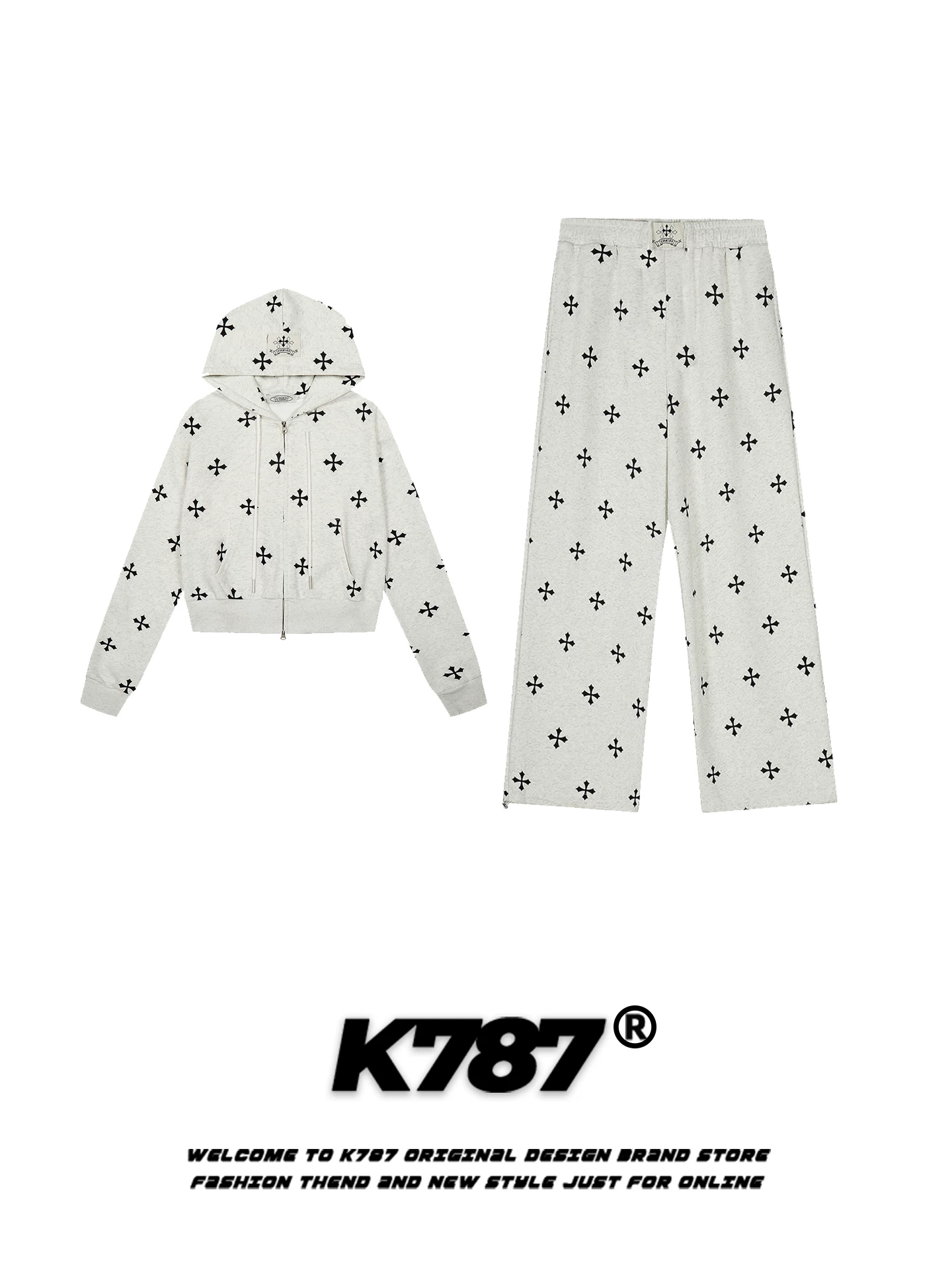 Áo hoodie ngắn màu xanh Klein K787 dành cho nữ, quần thể thao ống rộng dáng thẳng, phong cách thể thao trẻ trung, năng động