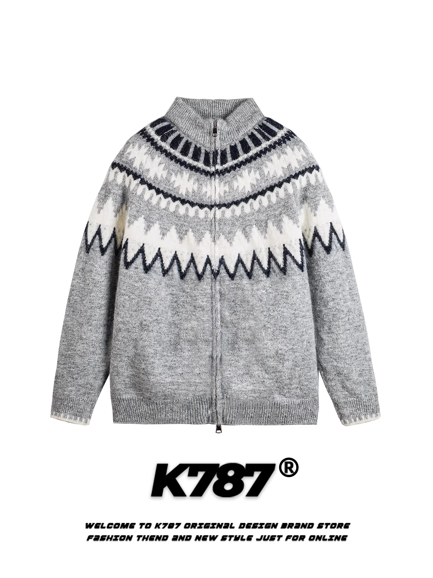 Áo len cardigan cổ đứng phối màu phong cách đường phố Mỹ K787 dành cho nam và nữ, kiểu dáng rộng rãi và thoải mái.