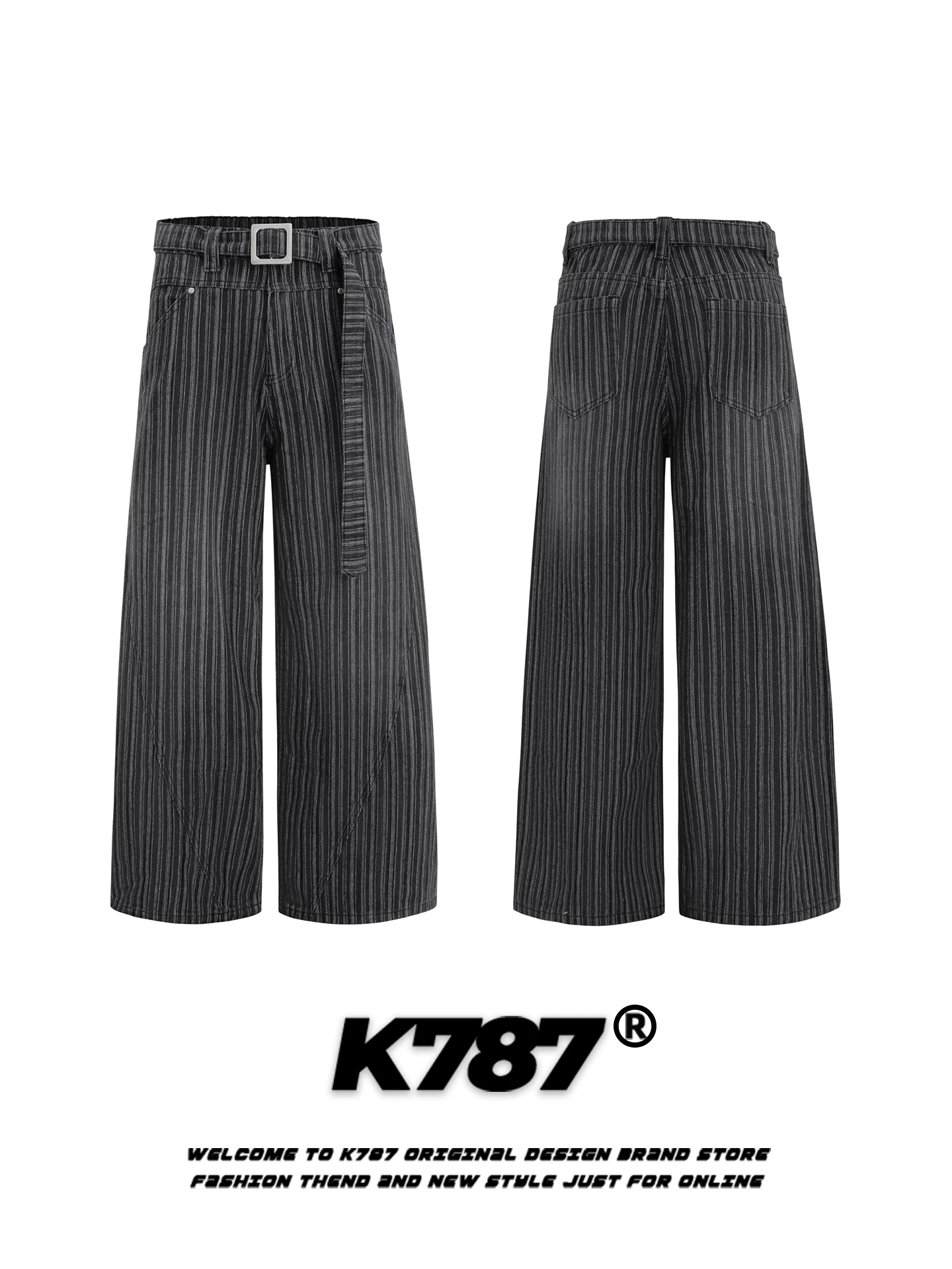 Quần âu unisex K787 kiểu Mỹ cổ điển, sọc dọc, dáng rộng, cạp cao, phong cách tiền cổ, thời thượng, ống rộng, thẳng.