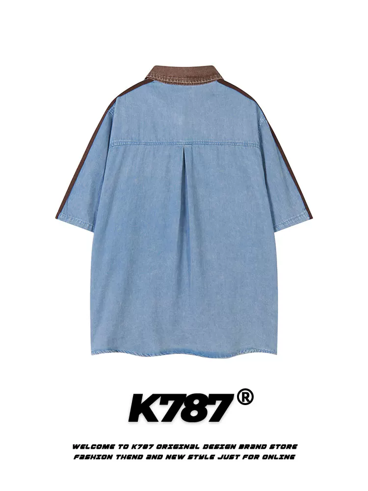K787 Áo sơ mi denim ngắn tay in chữ cổ điển kiểu Mỹ dành cho nam và nữ áo kiểu dáng rộng cổ điển dành cho cặp đôi