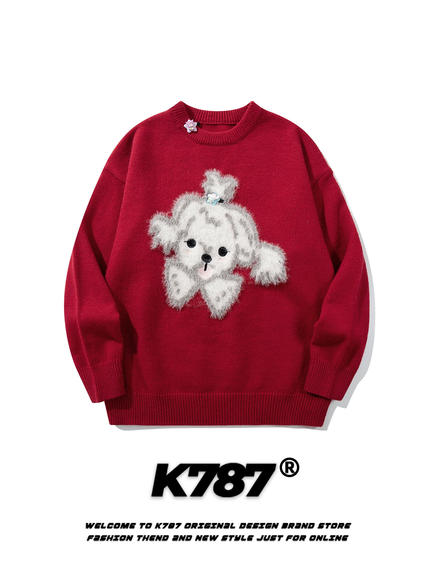 Áo len dệt kim đỏ K787 Fun Dog dễ thương dành cho nữ, áo len Giáng sinh ấm áp giúp bạn trông đẹp hơn, áo len Tết mới dễ thương