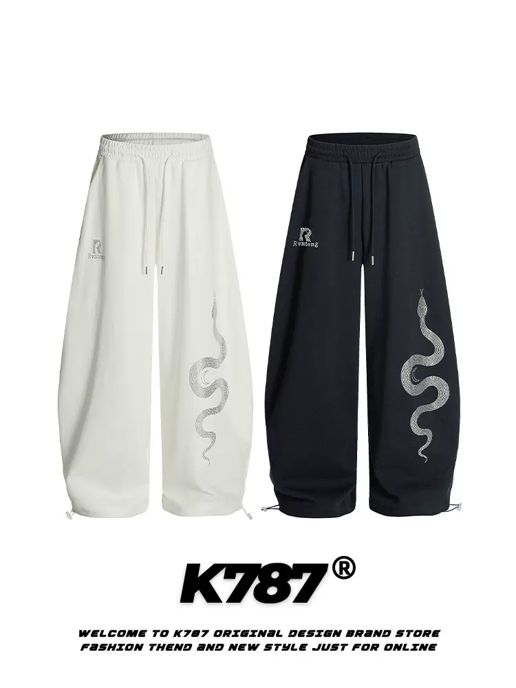 Quần âu kiểu dáng retro Mỹ K787 đính đá hình rắn, unisex, đa năng, dáng rộng, ống thẳng, màu trắng, kiểu dáng kiếm.
