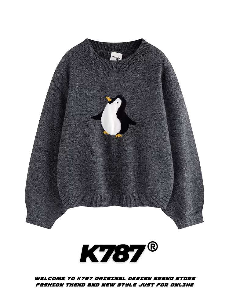 K787 Áo len dệt kim ngắn thêu hình chim cánh cụt phong cách vui nhộn và lười biếng dành cho nữ, Áo len thông thường đa năng theo phong cách đại học theo xu hướng quốc gia.