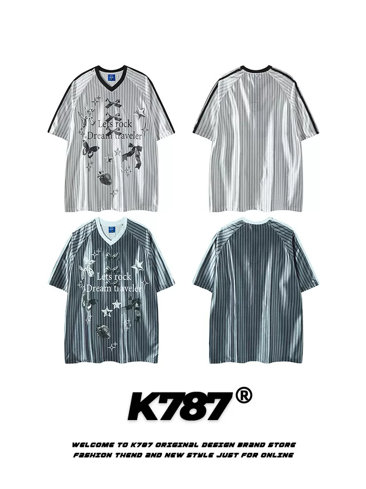 K787 Áo thun thể thao ngắn tay phong cách retro kiểu Mỹ dành cho nam và nữ, áo jersey cổ chữ V sọc, áo thun cặp đôi tay lửng rộng rãi.