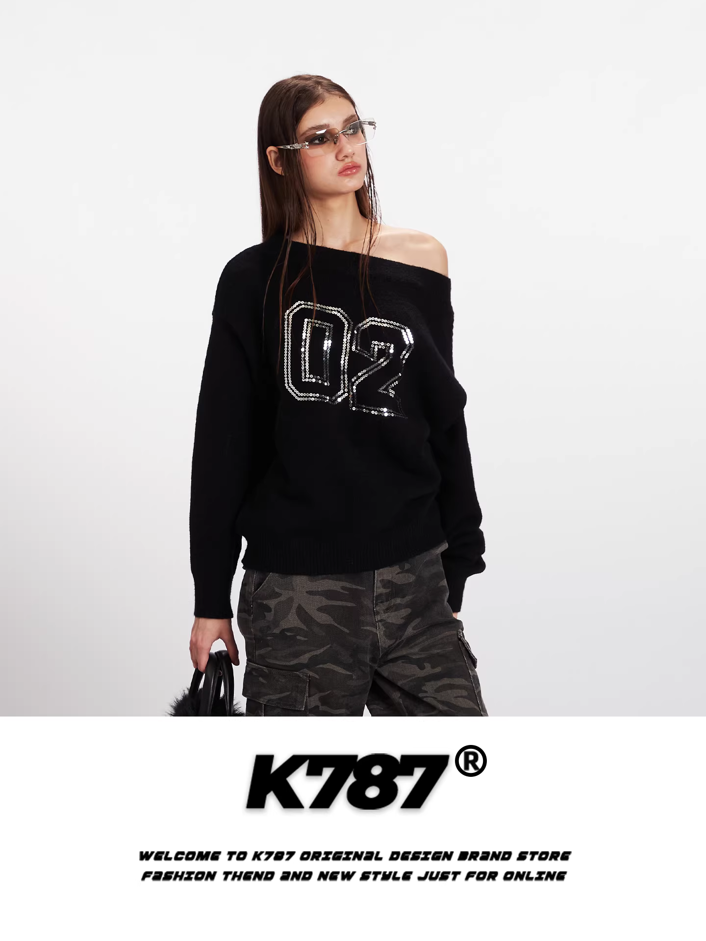 Áo len nữ kiểu Mỹ K787, thiết kế sequin số, kiểu trễ vai, dáng rộng, chất liệu len ngắn, tôn dáng, trẻ trung.