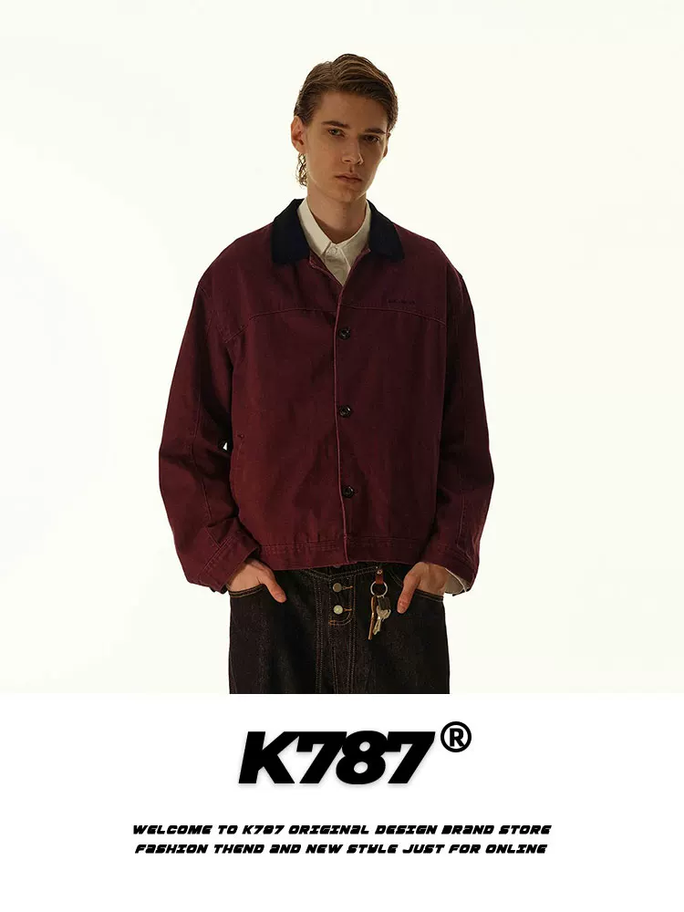 Áo khoác ngắn kiểu dáng unisex K787 phong cách Mỹ cổ điển, phối màu, cổ trụ, thương hiệu thời thượng, phong cách cleanfit, kiểu dáng nhà kho, áo khoác công nhân.