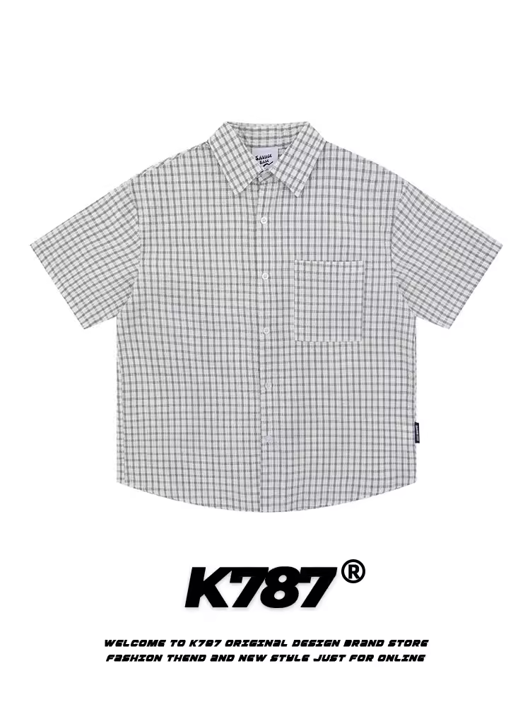 K787 Áo sơ mi ngắn tay dáng rộng kiểu Mỹ cổ điển kẻ sọc dành cho nam và nữ, phong cách cổ điển, hợp thời trang, áo cardigan cặp đôi nửa tay