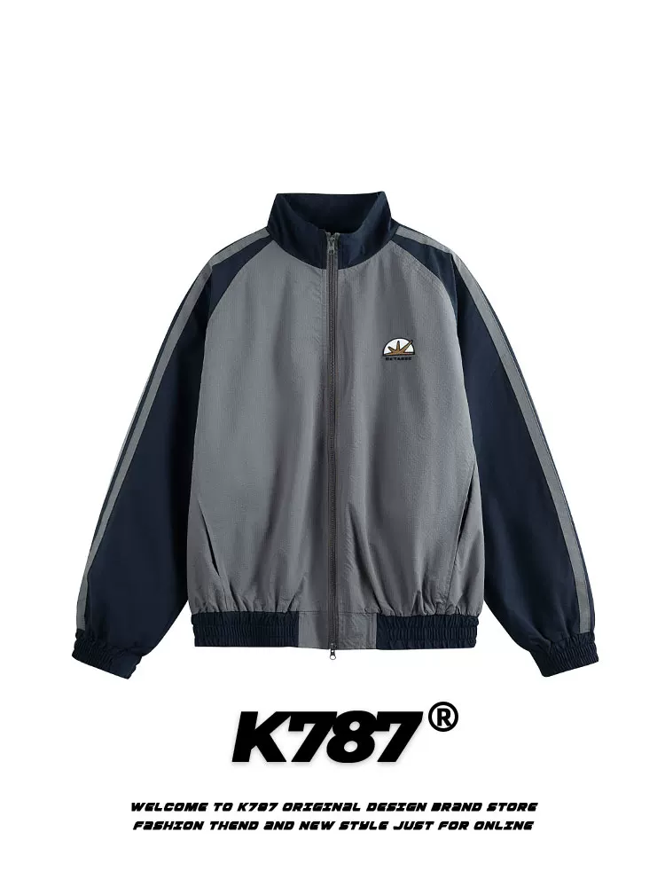 Áo khoác cổ đứng thêu phối màu sọc kiểu Mỹ cổ điển K787, unisex, thời trang, dáng rộng, thể thao, thường ngày, dành cho cặp đôi