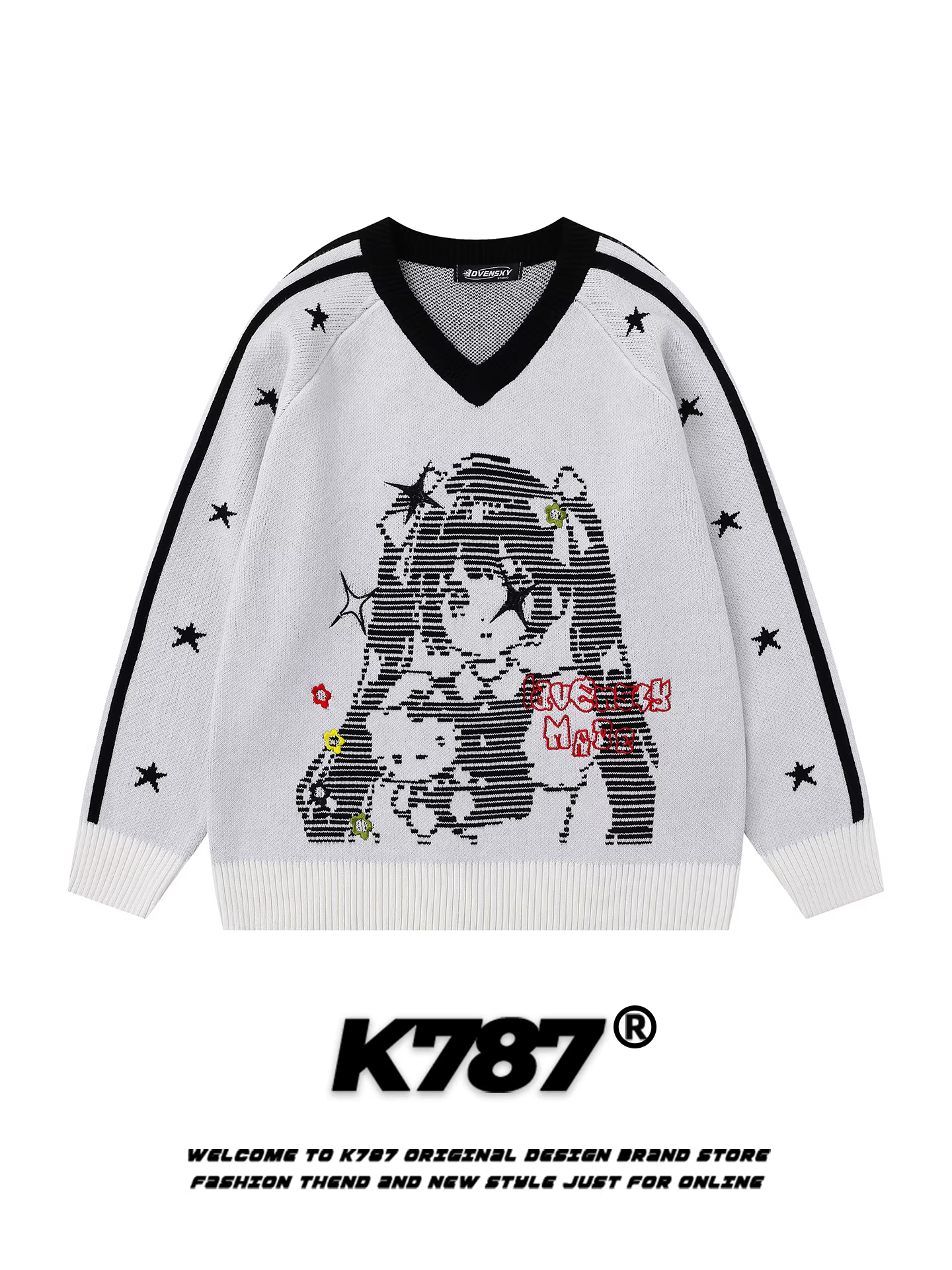 Áo len nữ cổ V kiểu dáng rộng rãi, phong cách đường phố Mỹ K787, họa tiết hoạt hình, phong cách thoải mái, năng động.