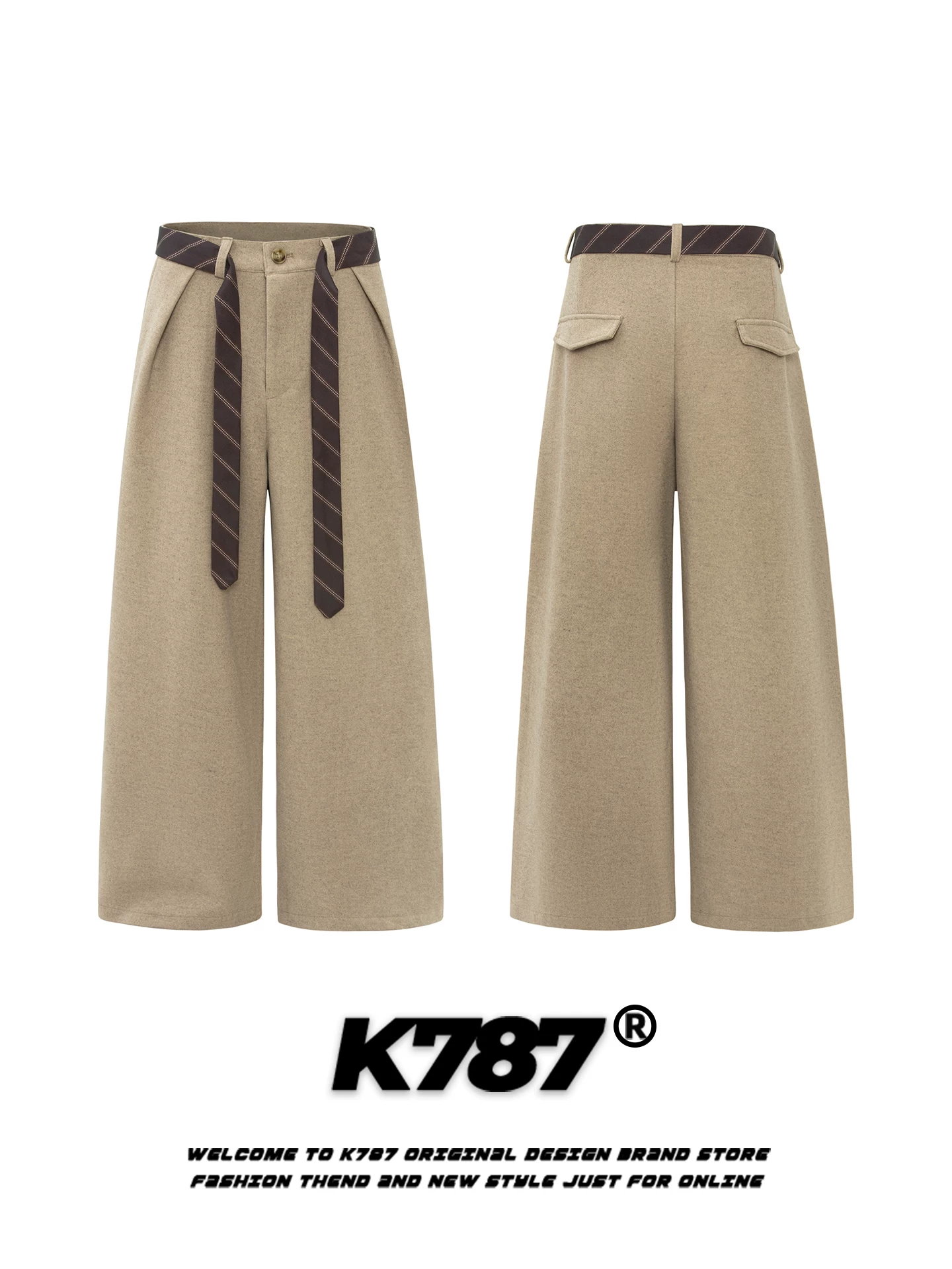 Quần dài dáng rộng phong cách Anh quốc, chất liệu trơn màu, kiểu dáng retro Mỹ, có dây lưng, unisex, K787