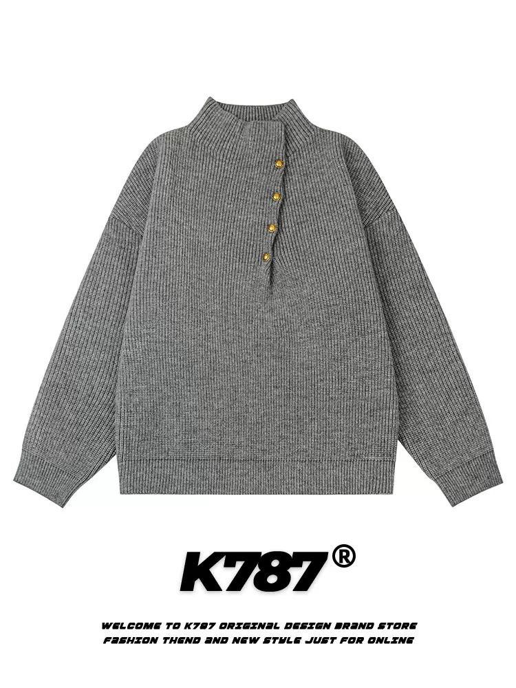 Áo len dệt kim cổ chéo phong cách retro Mỹ K787 dành cho nam và nữ, áo len cặp màu xám cổ điển, phong cách lười biếng