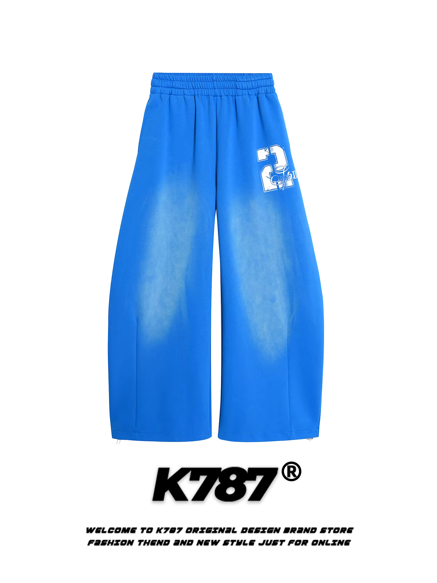 Quần thể thao unisex K787 kiểu Mỹ cổ điển, in chữ phun sơn, dáng suông, ống rộng, cạp cao, dài chấm đất