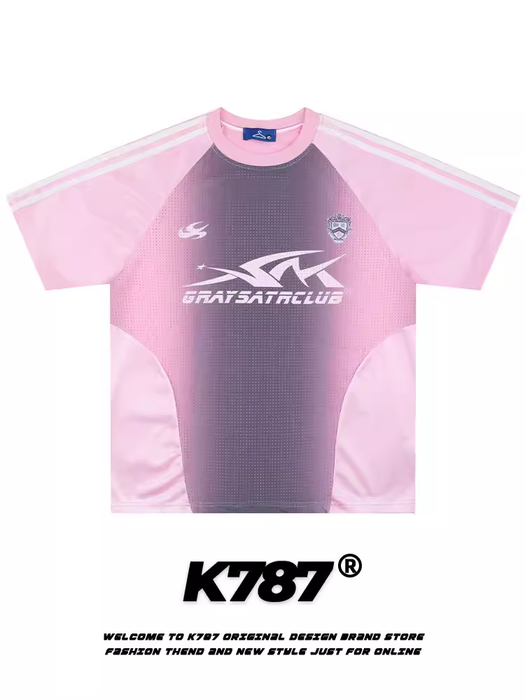 K787 Áo thể thao màu hồng cổ điển kiểu Mỹ unisex blokecore sọc áo thun ngắn tay dáng rộng