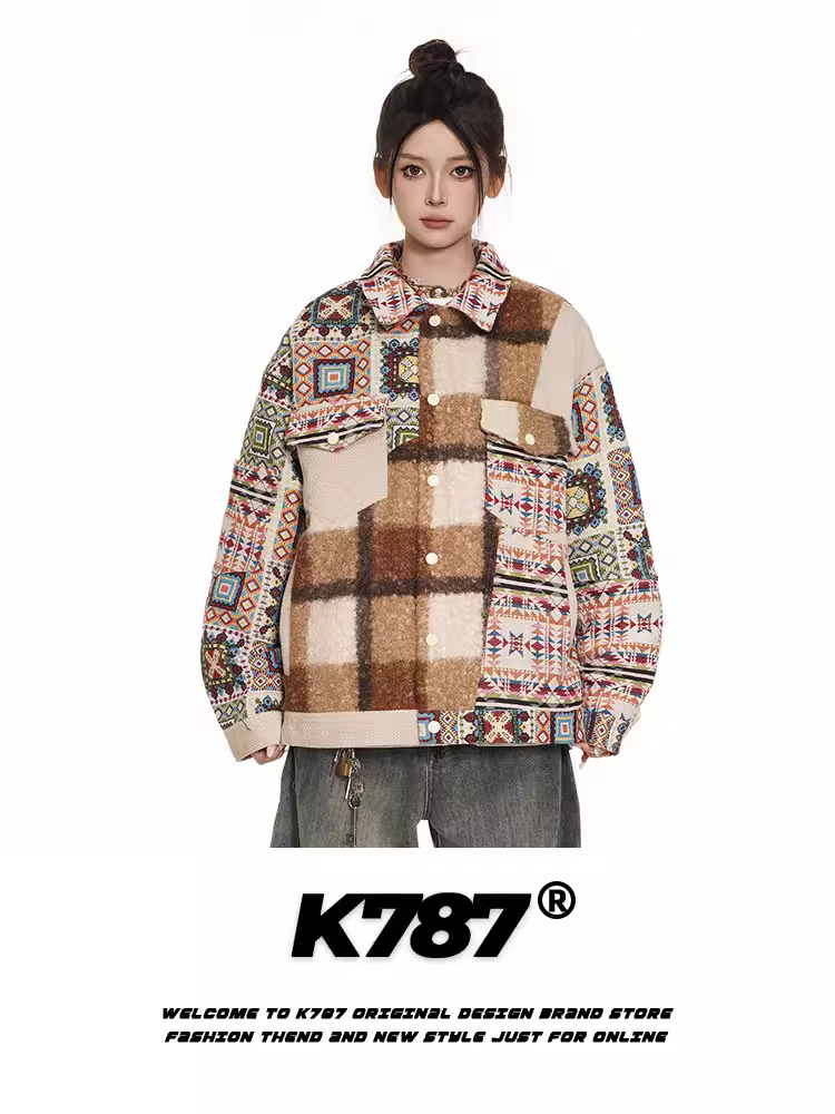 Áo khoác chắp vá thêu phong cách dân tộc cổ điển Mỹ K787 dành cho nam và nữ, thiết kế độc đáo Áo khoác cặp đôi đảo Feynman